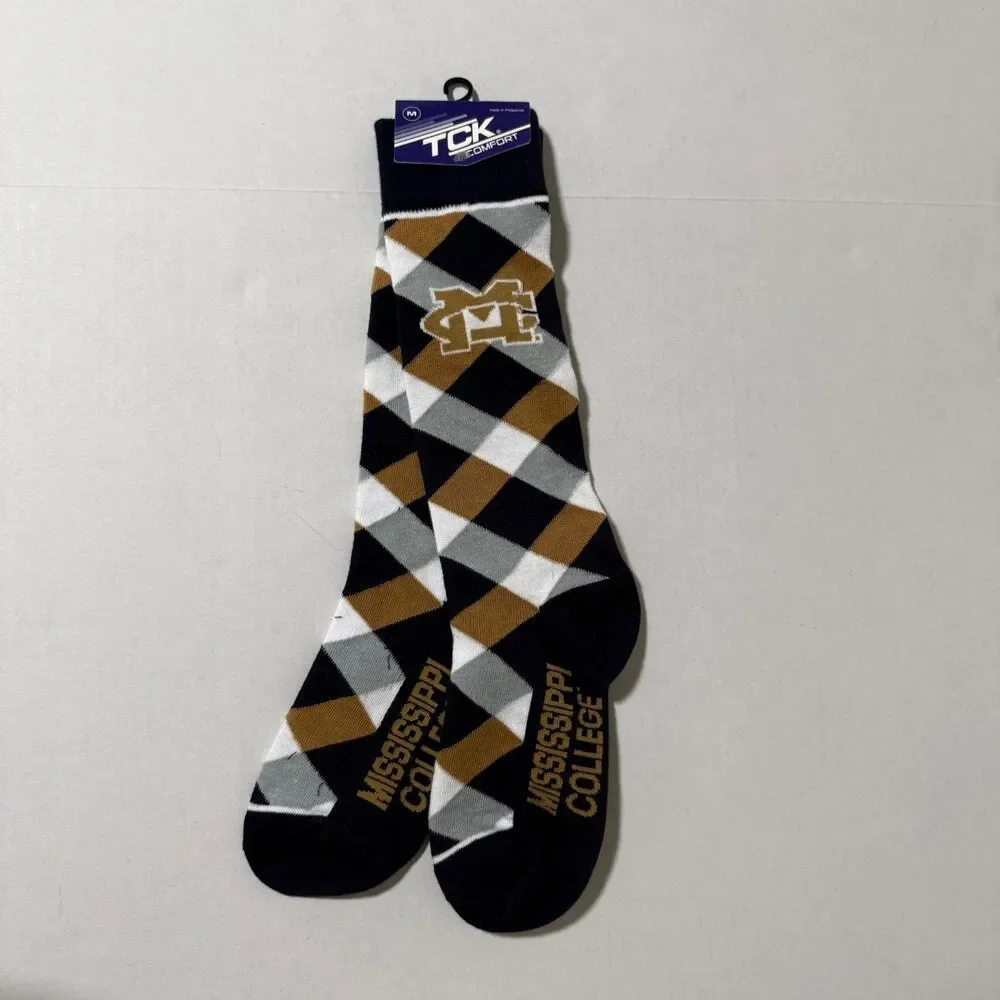TCK Mississippi College MC Logo Diamond Check Crew Socks